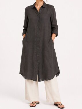CP Shades - Black Linen Long Sleeve Midi Dress / Coverup - Size XS